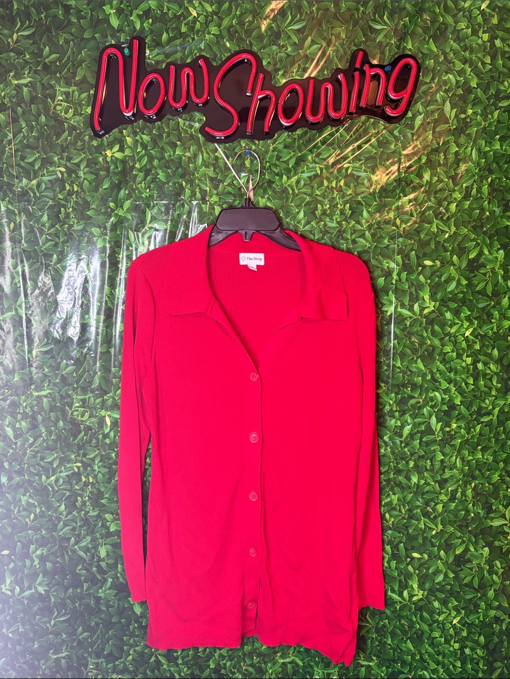 Slim Ribbed Button-Down Shirt — Red - Picture 1 of 3